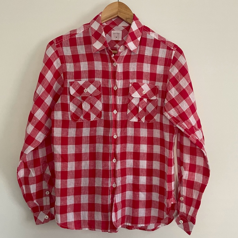 Billy Reid women’s button up size small. 100% linen red & white gingham check